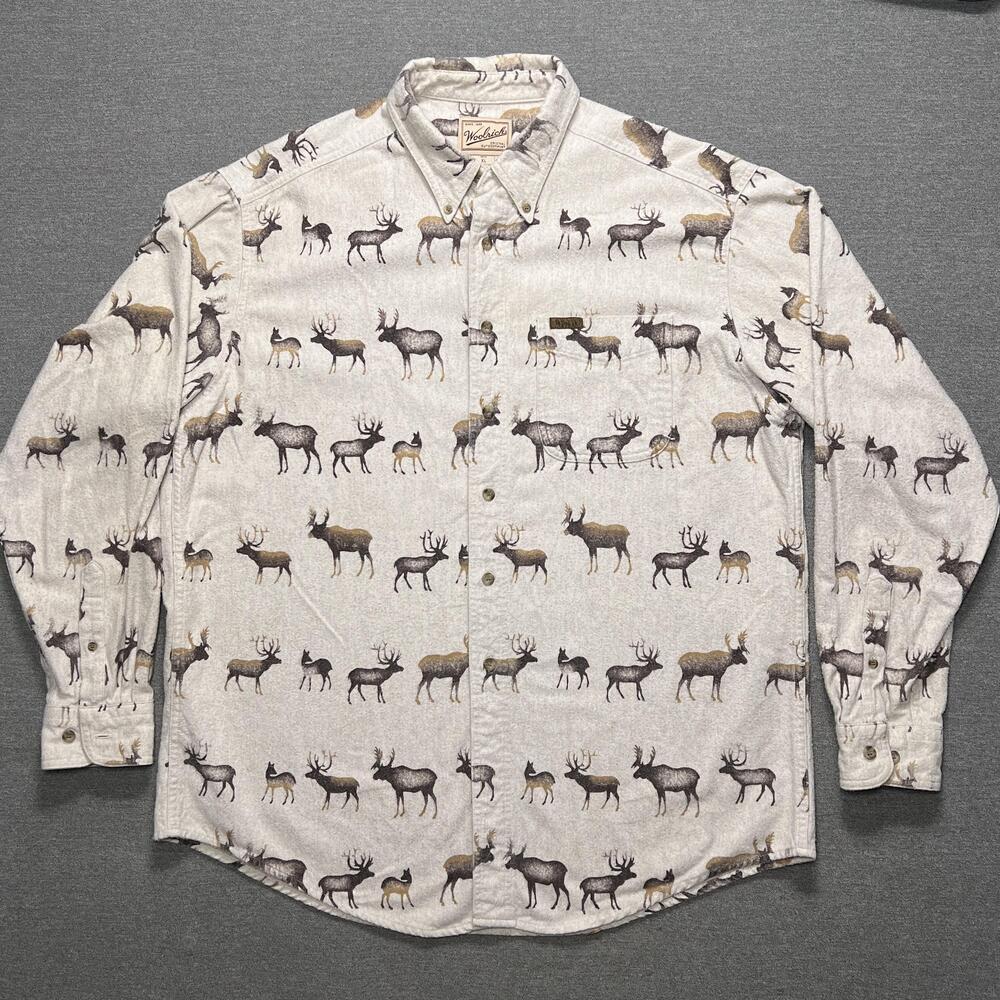 Woolrich Shirt Mens XL Beige Elk Moose Caribou Print Button Down Wildlife Y2K